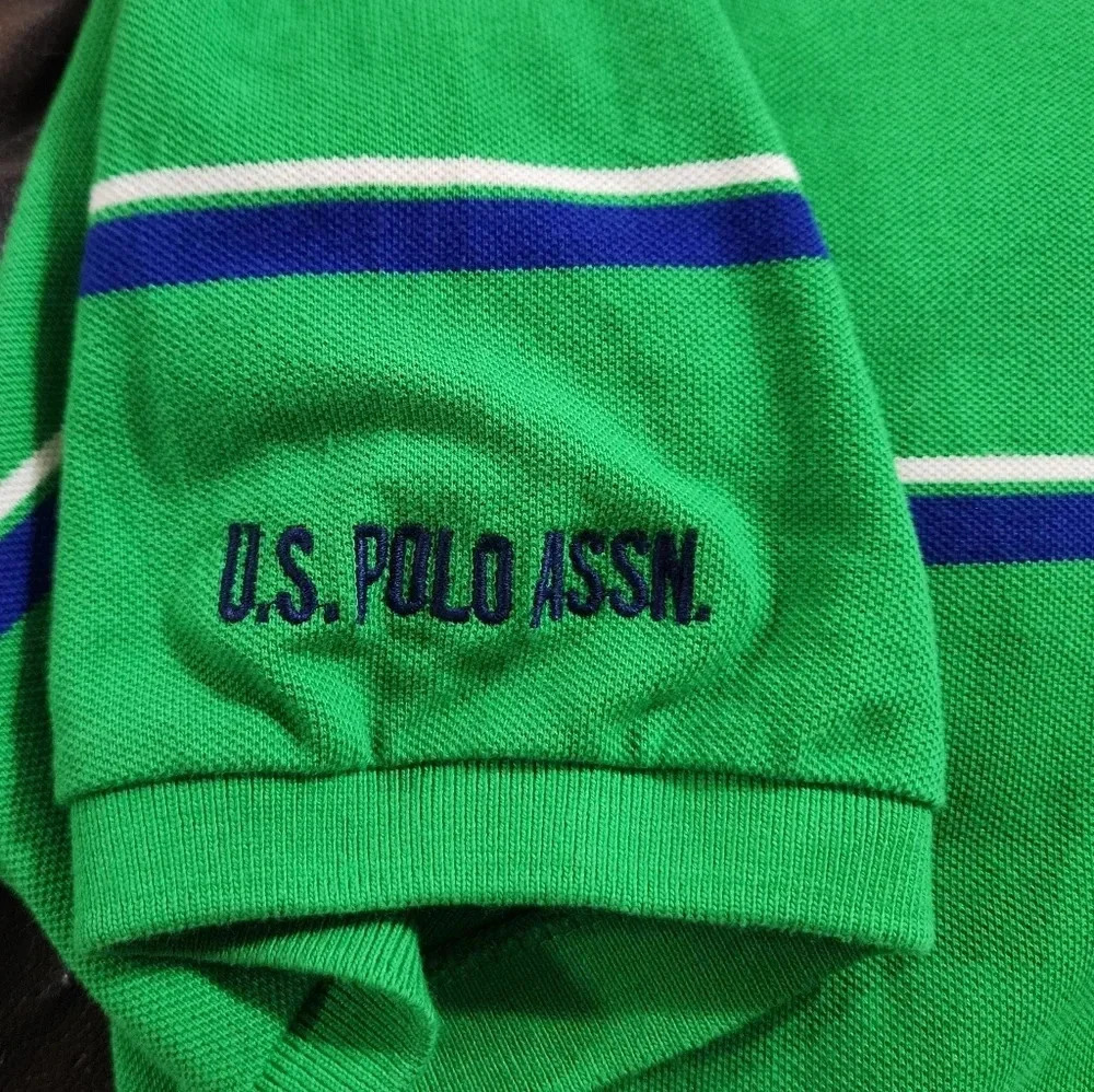 US Polo Assn Men's Polo Shirt Large Green Blue Striped Embroidered Logo Sleeve - Picture 8 of 10